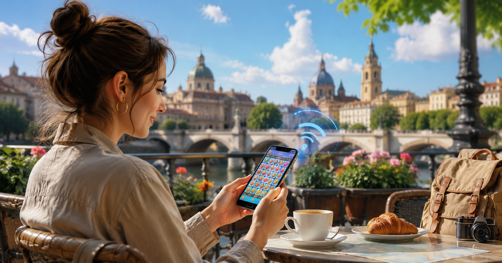 ヨーロッパ旅行中にスマホゲームを楽しむイメージ